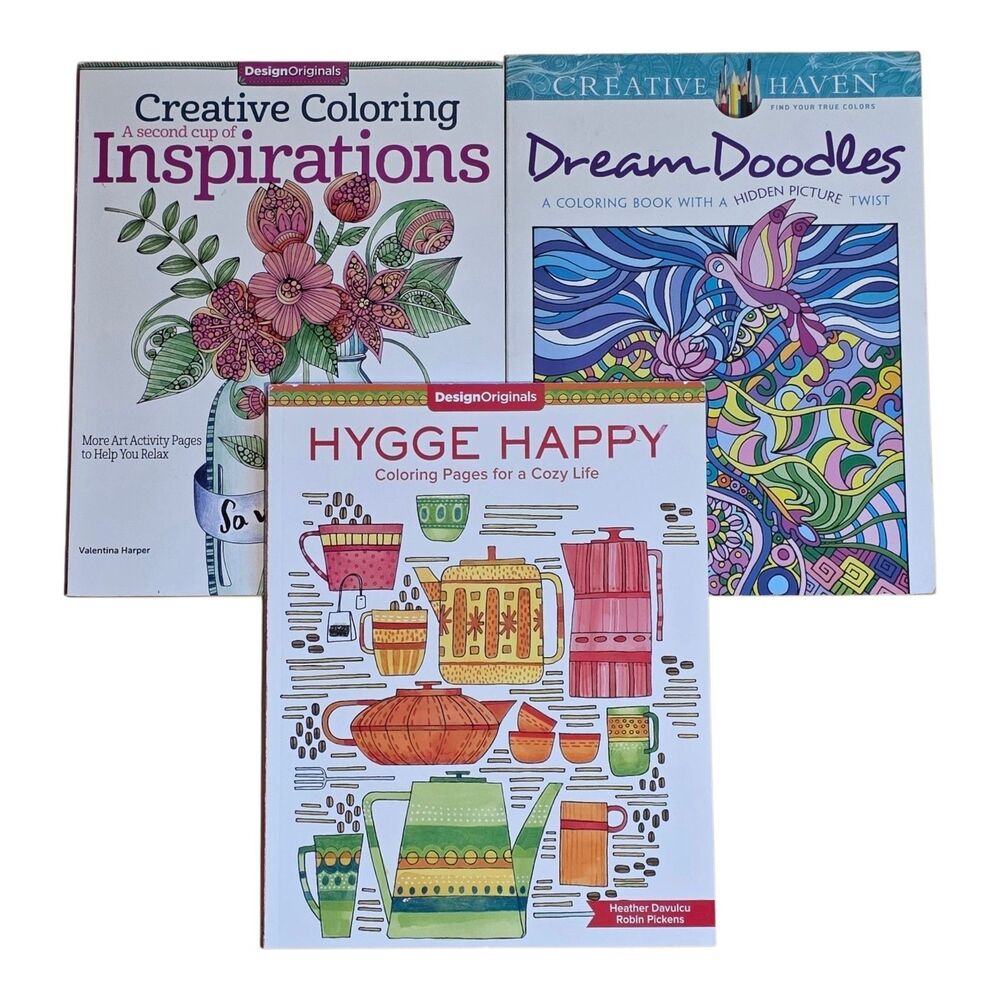 Lot of 3 Adult Coloring Books - Hygge Happy, Dream Doodles, Inspirations - NEW